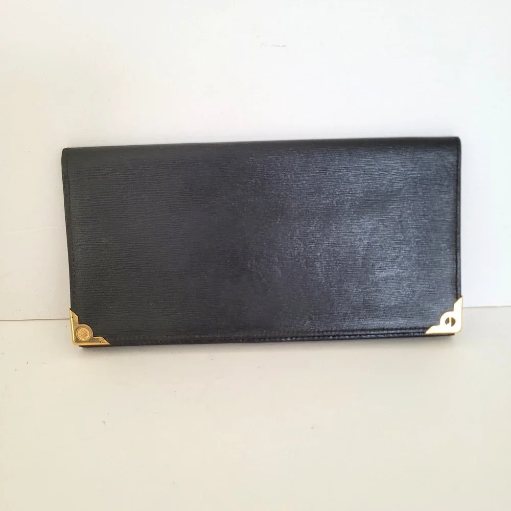 Dunhill London Black Textured Leather Long Wallet Gold Corners Made in England